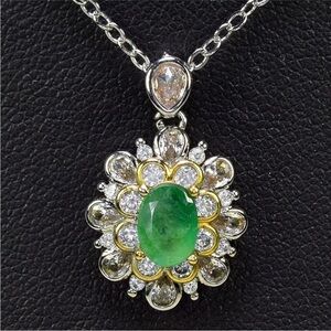 Elegant Emerald w/ Zircon accent 925 Sterling Silver & 14K YG Pendant Necklace